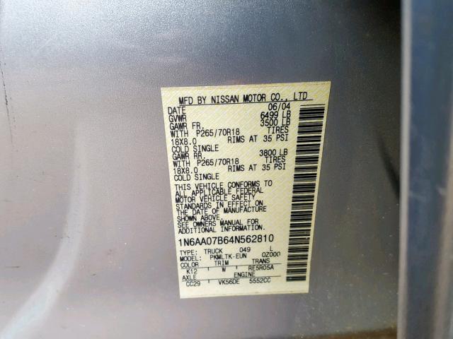 1N6AA07B64N562810 - 2004 NISSAN TITAN XE SILVER photo 10