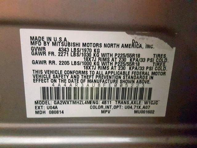 4A4AR3AU8FE005223 - 2015 MITSUBISHI OUTLANDER SILVER photo 10