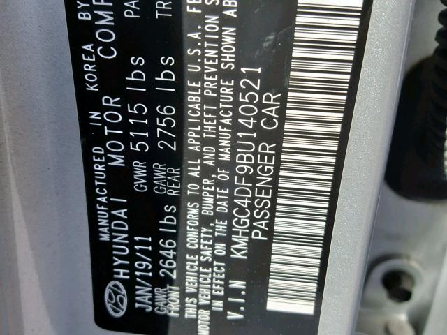 KMHGC4DF9BU140521 - 2011 HYUNDAI GENESIS 4. SILVER photo 10