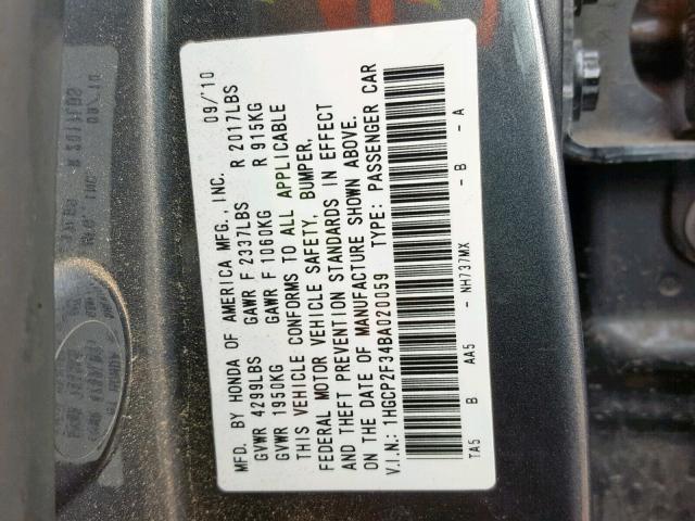 1HGCP2F34BA020059 - 2011 HONDA ACCORD LX 灰色 照片 10