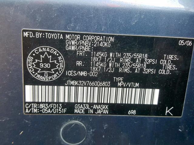 JTMBK32V766006803 - 2006 TOYOTA RAV4 SPORT BLUE photo 10