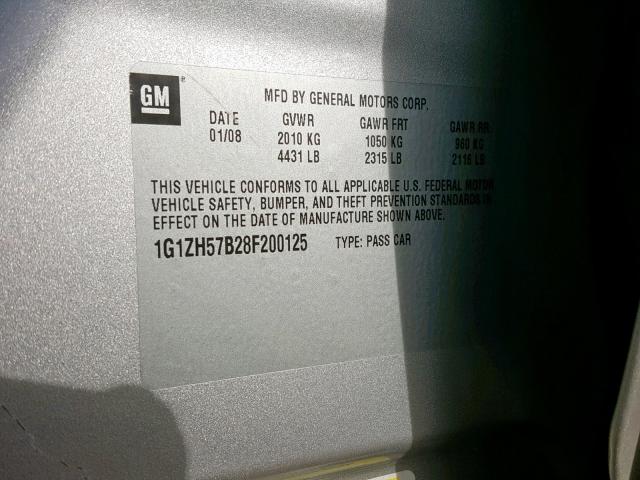 1G1ZH57B28F200125 - 2008 CHEVROLET MALIBU 1LT SILVER photo 10