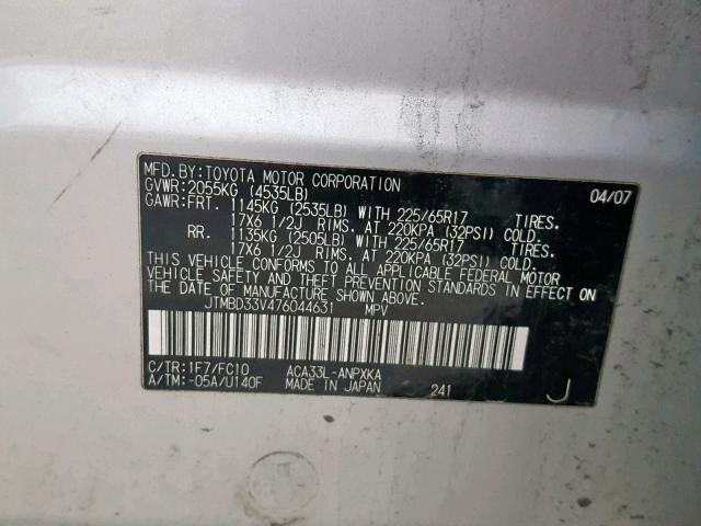 JTMBD33V476044631 - 2007 TOYOTA RAV4 SILVER photo 10