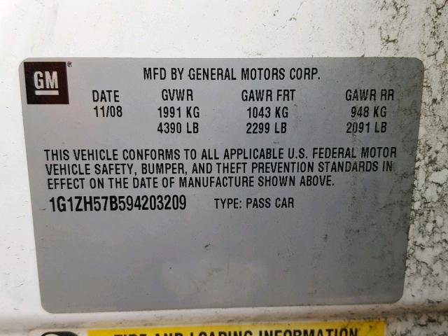 1G1ZH57B594203209 - 2009 CHEVROLET MALIBU 1LT WHITE photo 10