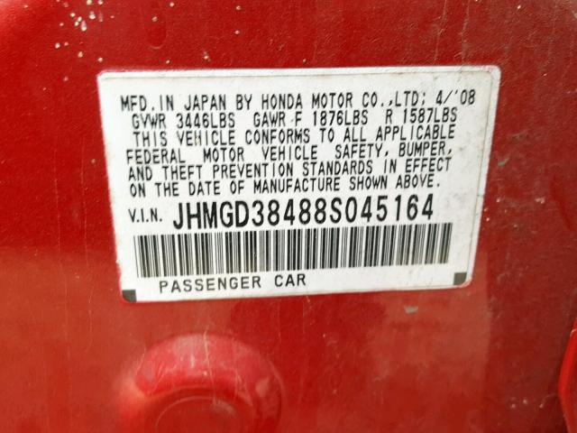 JHMGD38488S045164 - 2008 HONDA FIT RED photo 10