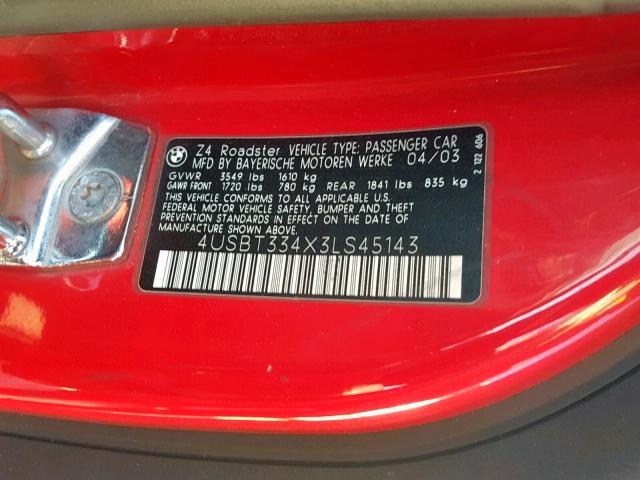 4USBT334X3LS45143 - 2003 BMW Z4 2.5 RED photo 10