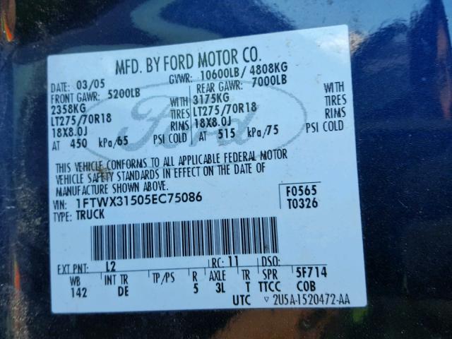 1FTWX31505EC75086 - 2005 FORD F350 SRW S 蓝色 照片 10