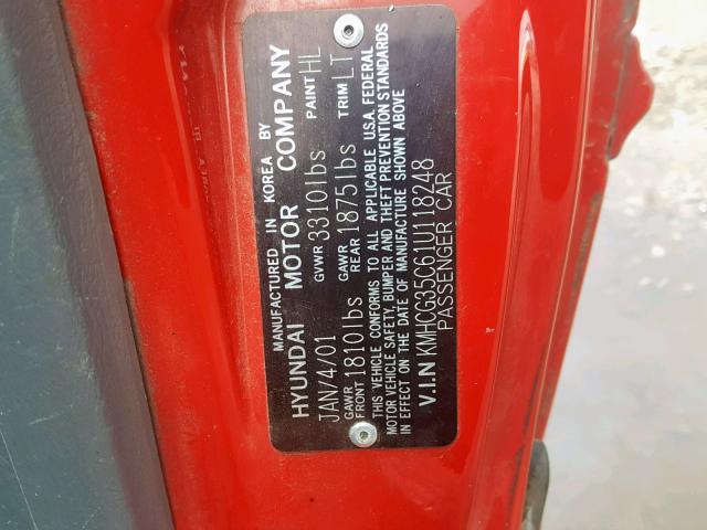 KMHCG35C61U118248 - 2001 HYUNDAI ACCENT GS RED photo 10