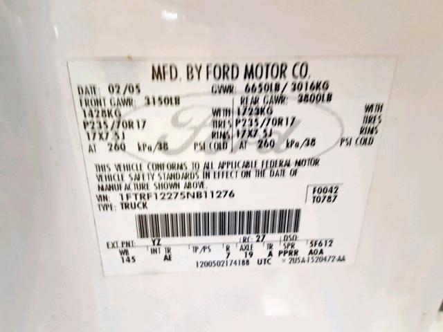 1FTRF12275NB11276 - 2005 FORD F150 白色 照片 10