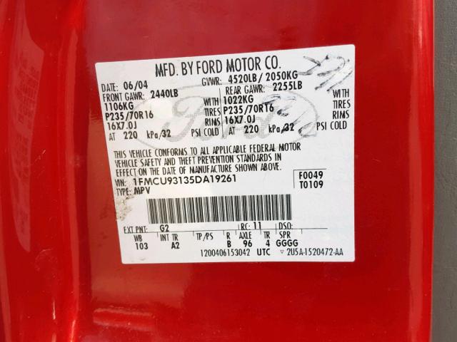 1FMCU93135DA19261 - 2005 FORD ESCAPE XLT RED photo 10