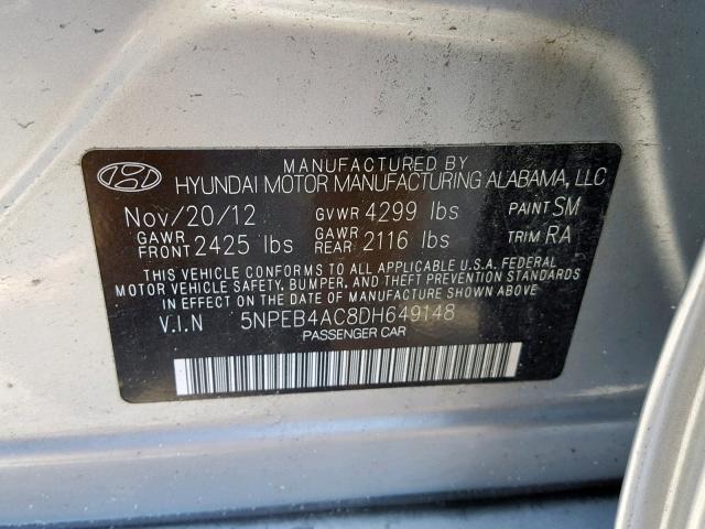 5NPEB4AC8DH649148 - 2013 HYUNDAI SONATA GLS 银色 照片 10