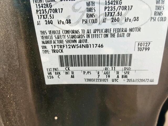 1FTRF12W54NB11746 - 2004 FORD F150 GRAY photo 10