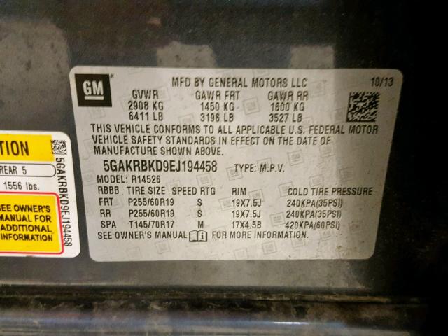 5GAKRBKD9EJ194458 - 2014 BUICK ENCLAVE GRAY photo 10