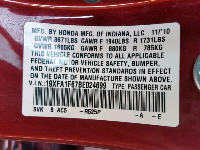 19XFA1F67BE024699 - 2011 HONDA CIVIC LX-S Qırmızı foto 10
