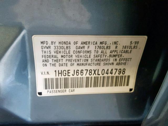 1HGEJ6678XL044798 - 1999 HONDA CIVIC LX 蓝色 照片 10