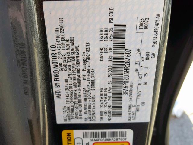 3FA6P0RU5HR287607 - 2017 FORD FUSION TIT CHARCOAL photo 10