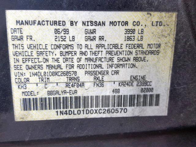 1N4DL01D0XC260570 - 1999 NISSAN ALTIMA XE BLACK photo 10