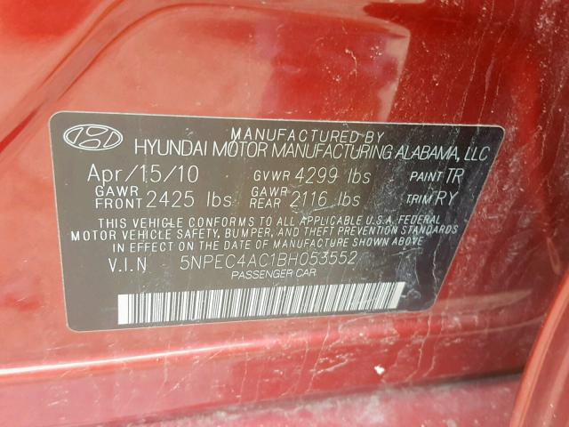 5NPEC4AC1BH053552 - 2011 HYUNDAI SONATA SE RED photo 10