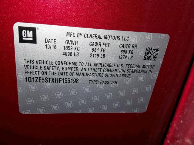 1G1ZE5STXHF155198 - 2017 CHEVROLET MALIBU LT 红色 照片 10