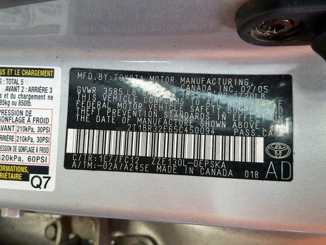 2T1BR32E65C450094 - 2005 TOYOTA COROLLA CE SILVER photo 10