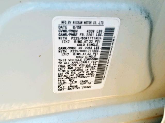 JN8AS58T59W320133 - 2009 NISSAN ROGUE S WHITE photo 10