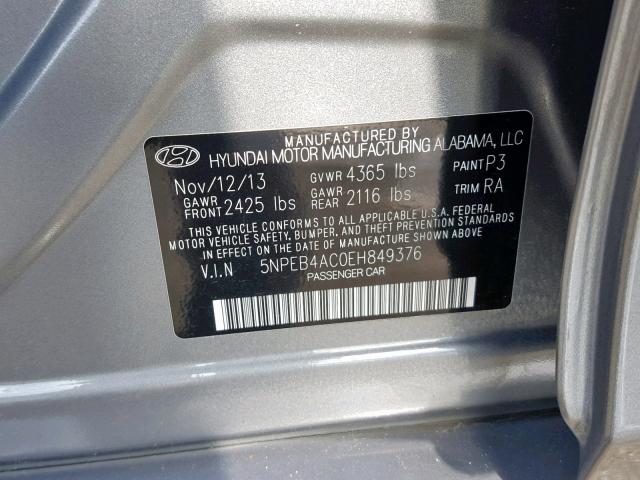 5NPEB4AC0EH849376 - 2014 HYUNDAI SONATA GLS GRAY photo 10