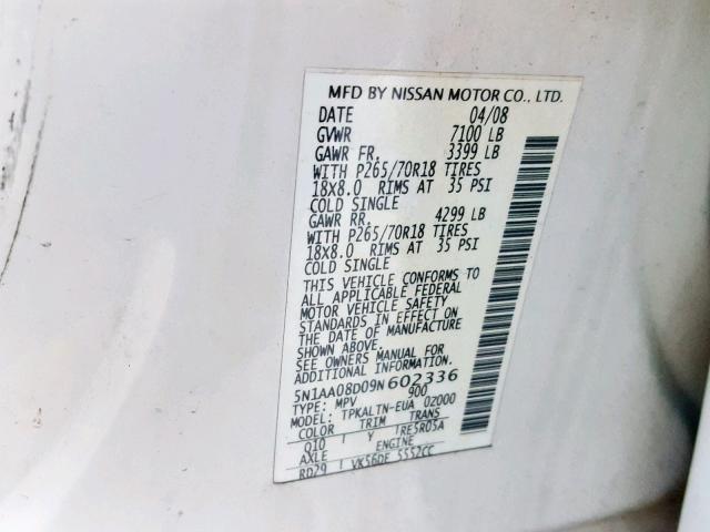 5N1AA08D09N602336 - 2009 NISSAN ARMADA SE WHITE photo 10