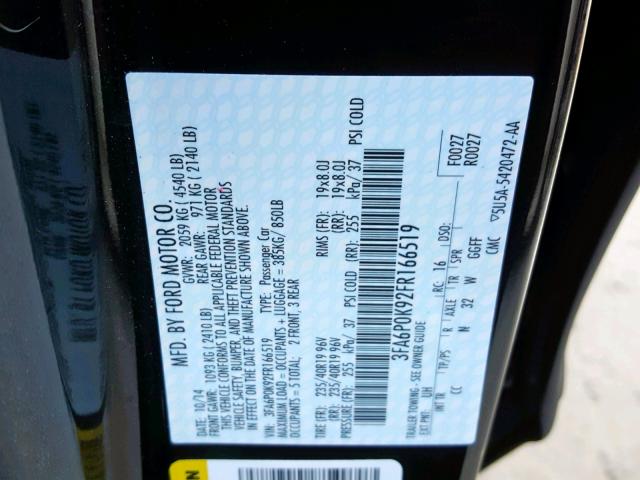 3FA6P0K92FR166519 - 2015 FORD FUSION TIT BLACK photo 10