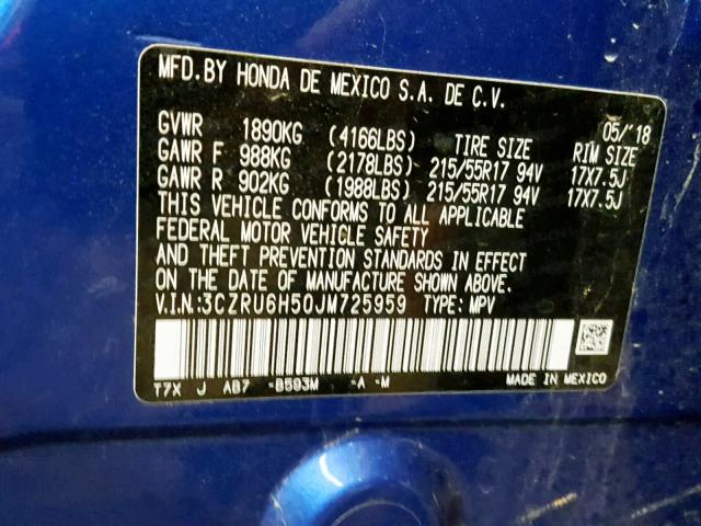 3CZRU6H50JM725959 - 2018 HONDA HR-V EX BLUE photo 10