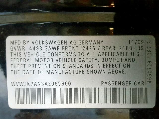 WVWJK7AN3AE069660 - 2010 VOLKSWAGEN PASSAT KOM BLACK photo 10