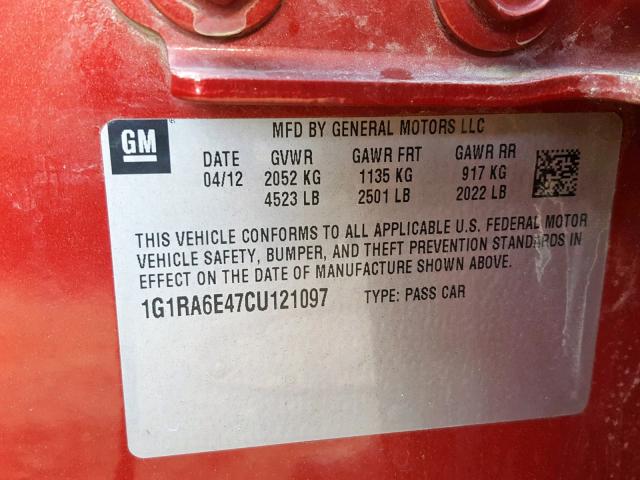 1G1RA6E47CU121097 - 2012 CHEVROLET VOLT წითელი ფოტო 10