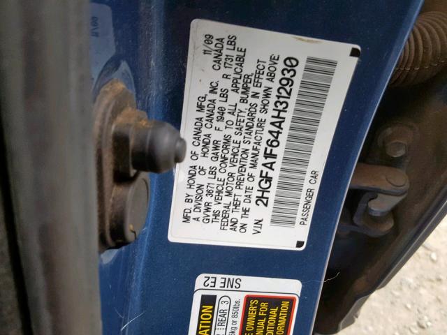 2HGFA1F64AH312930 - 2010 HONDA CIVIC BLUE photo 10