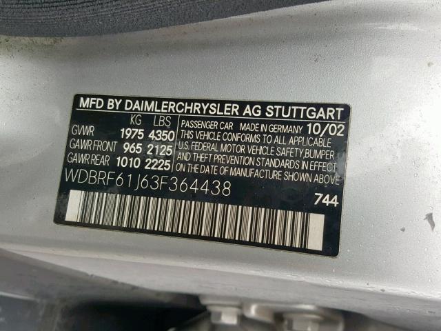 WDBRF61J63F364438 - 2003 MERCEDES-BENZ C 240 SILVER photo 10