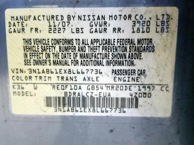 3N1AB61EX8L667736 - 2008 NISSAN SENTRA 2.0 GRAY photo 10