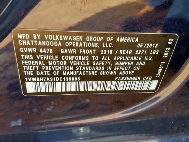 1VWBH7A31DC139686 - 2013 VOLKSWAGEN PASSAT SE BLUE photo 10