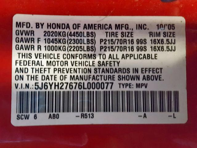 5J6YH27676L000077 - 2006 HONDA ELEMENT EX RED photo 10