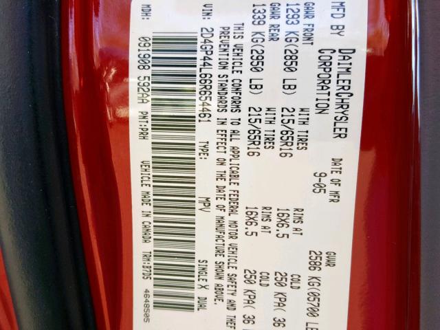 2D4GP44L66R654461 - 2006 DODGE GRAND CARA 红色 照片 10