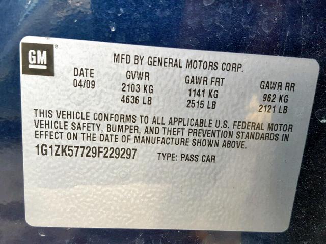 1G1ZK57729F229297 - 2009 CHEVROLET MALIBU LTZ ლურჯი ფოტო 10