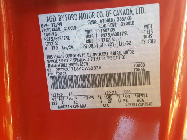 2FTRX17L6YCA32836 - 2000 FORD F150 RED photo 10