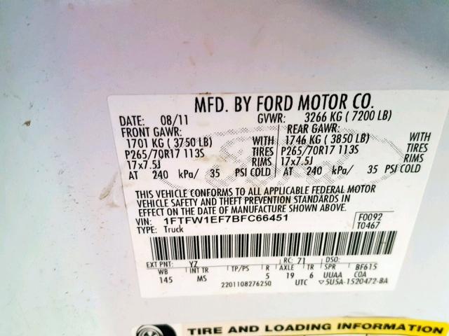 1FTFW1EF7BFC66451 - 2011 FORD F150 SUPER WHITE photo 10