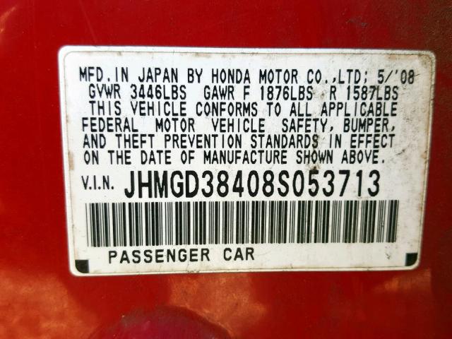 JHMGD38408S053713 - 2008 HONDA FIT RED photo 10