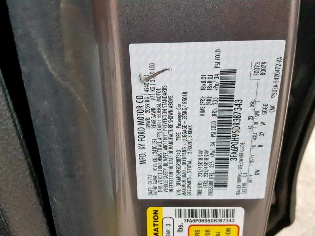 3FA6P0H95DR387343 - 2013 FORD FUSION SE CHARCOAL photo 10