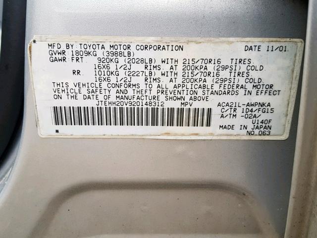 JTEHH20V920148312 - 2002 TOYOTA RAV4 银色 照片 10