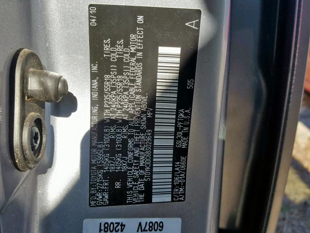 5TDYK3DC6BS029649 - 2011 TOYOTA SIENNA XLE ვერცხლისფერი ფოტო 10