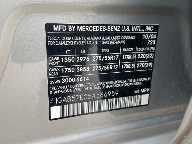 4JGAB57E05A566959 - 2005 MERCEDES-BENZ ML 350 SILVER photo 10