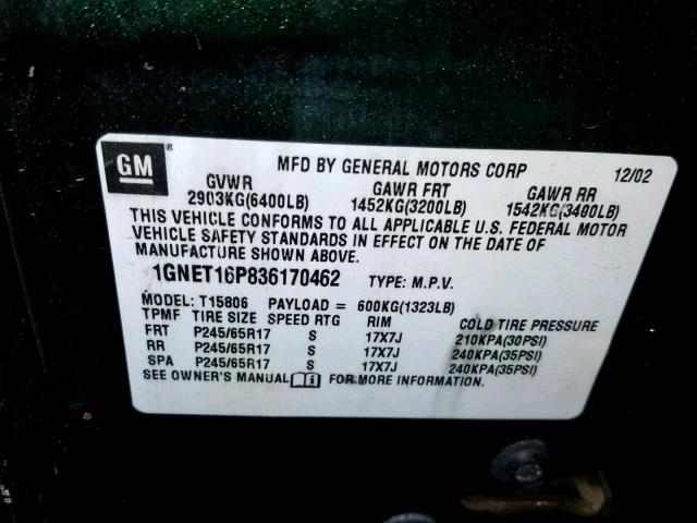 1GNET16P836170462 - 2003 CHEVROLET TRAILBLAZE GREEN photo 10