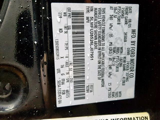 5LMFU28526LJ07951 - 2006 LINCOLN NAVIGATOR 黑色 照片 10