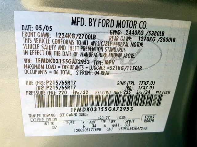 1FMDK03155GA72953 - 2005 FORD FREESTYLE GREEN photo 10