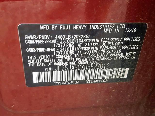 JF2SJABCXHH523012 - 2017 SUBARU FORESTER 2 Kastanienbraun Foto 10