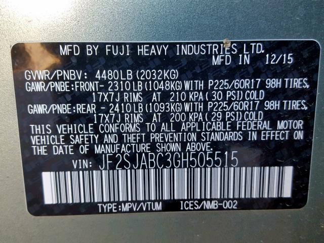 JF2SJABC3GH505515 - 2016 SUBARU FORESTER 2 მწვანე ფოტო 10